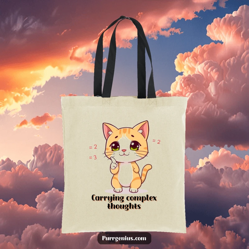 Funny tote bag featuring a cute cat character dramatically pointing at a complex equation, perfect for carrying books and supplies.