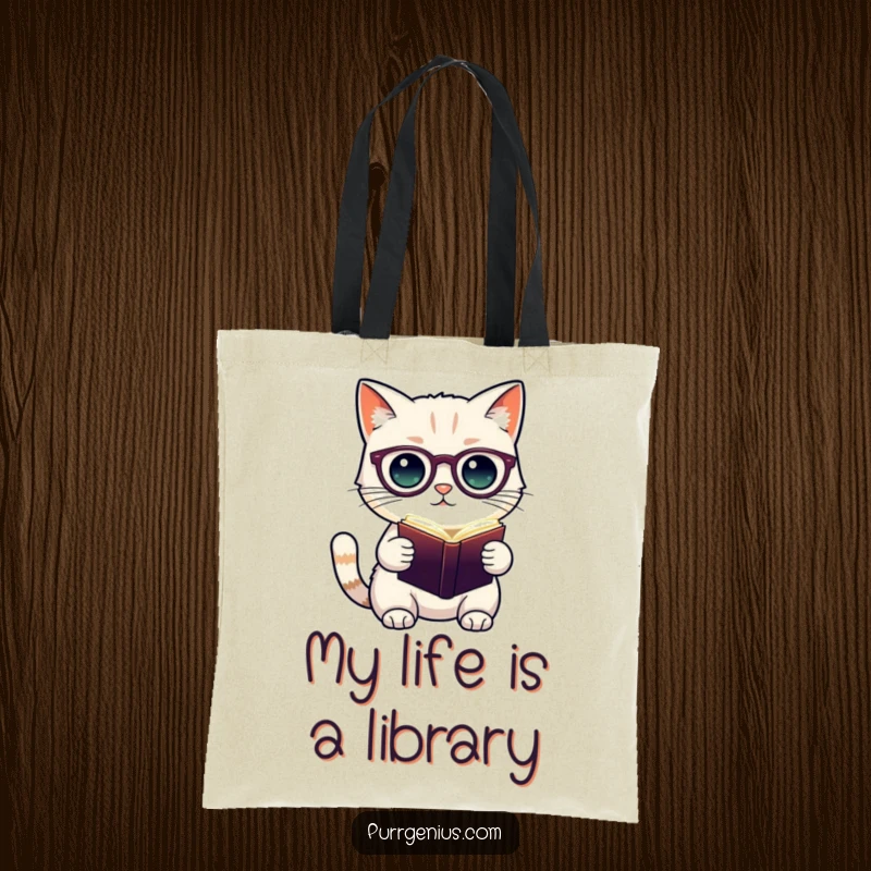 Funny tote bag depicting a cute cat character in spectacles holding a glowing book, ideal for carrying books and everyday items.