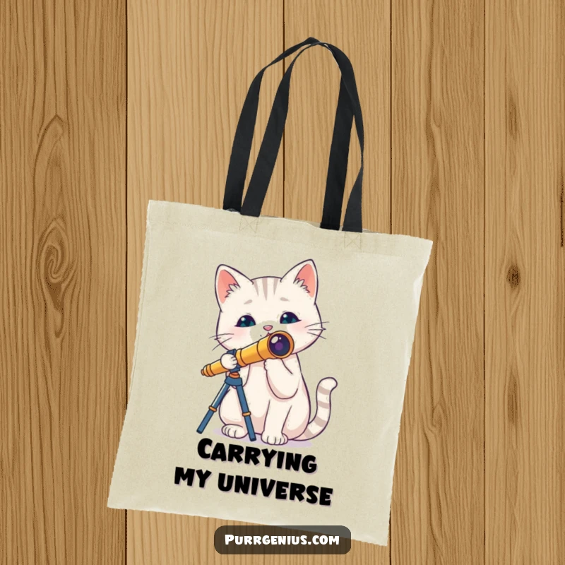 Funny cat gazing through a tiny telescope on a durable tote bag, ready for adventures, a spacious and humorous accessory.
