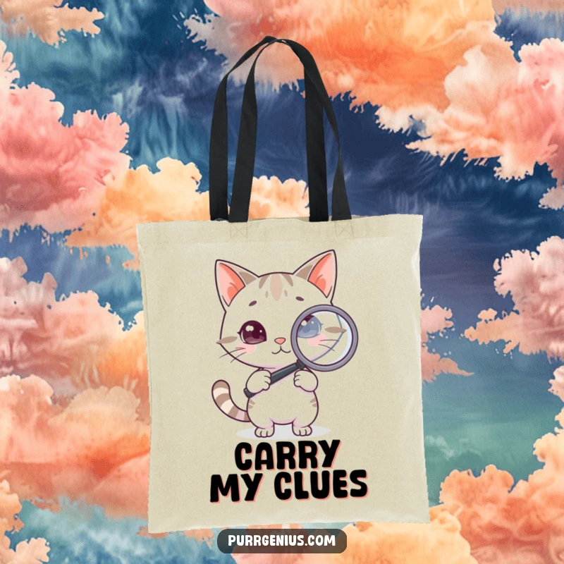 Funny Cat Tote Bag: A stylish tote bag displaying a clever cat holding a magnifying glass, searching for clues, perfect for carrying essentials.