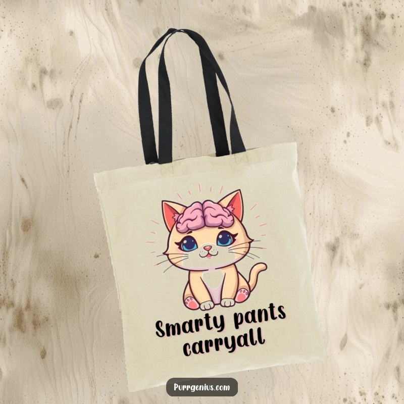 Funny Cat Tote Bag with an illustration of a cat whose brain is emitting a powerful glow of funny, radiant knowledge.