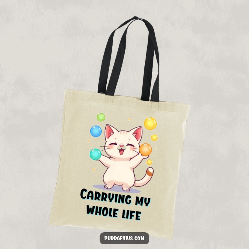 Funny tote bag with a playful cat character juggling glowing orbs, perfect for carrying essentials with style.