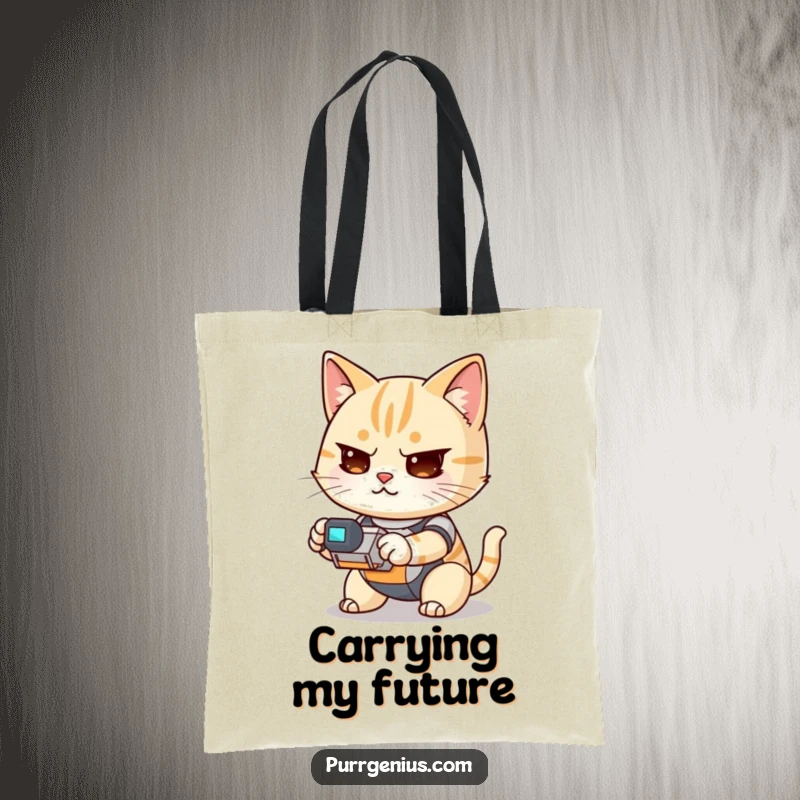 Funny Kawaii cat determinedly controlling a small robot, featured on a durable tote bag, ideal for errands and laughs.
