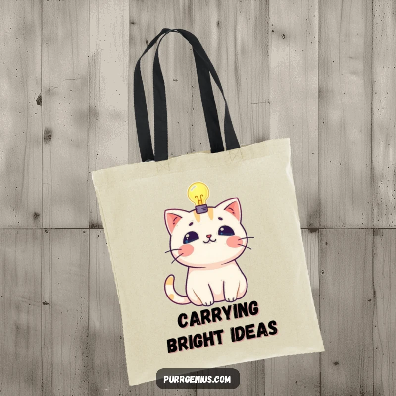 Funny kawaii cat with a glowing lightbulb above its head, designed on a functional and humorous tote bag.