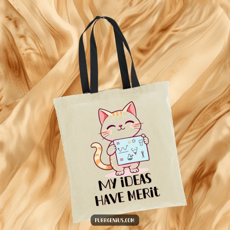 Funny Kawaii cat confidently presenting a scientific diagram, on a tote bag, ideal for carrying educational materials humorously.