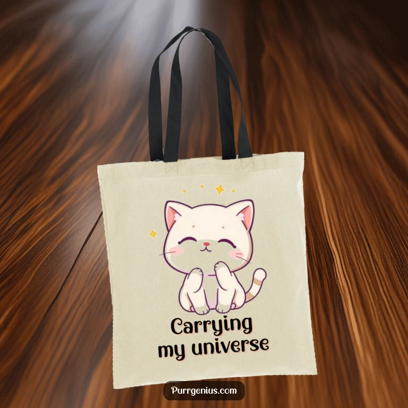Funny Kawaii cat in a thinking pose observing a constellation, on a tote bag, perfect for daily use and stargazing.