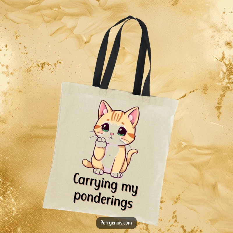 Funny Cat Tote Bag with an illustration of a cat in a thoughtful pose, paw raised as if pondering a funny question.
