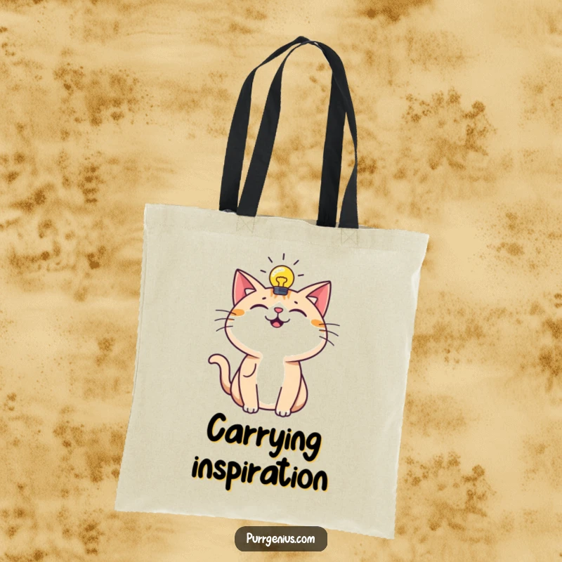 Funny Tote Bag: An inspired cat with a lightbulb symbolizes bright ideas, perfect for carrying your thoughts and belongings.