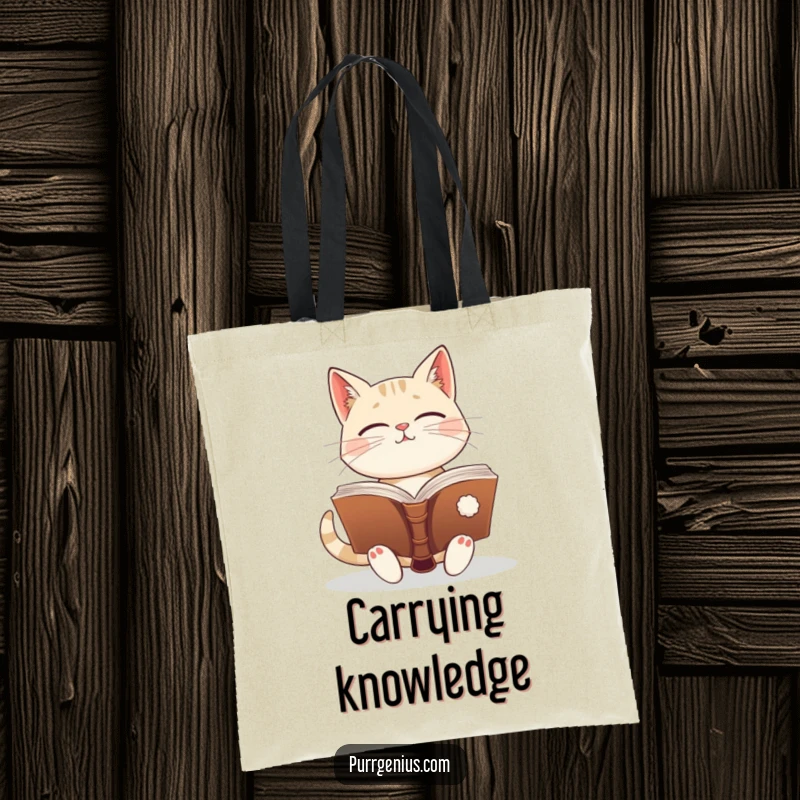 Funny enlightened cat holding an open, ancient book, looking knowledgeable. This tote bag is perfect for carrying books or essentials.