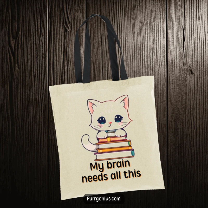 Funny tote bag featuring a wise feline scholar character surrounded by a pile of advanced books, ready for a trip to the library.