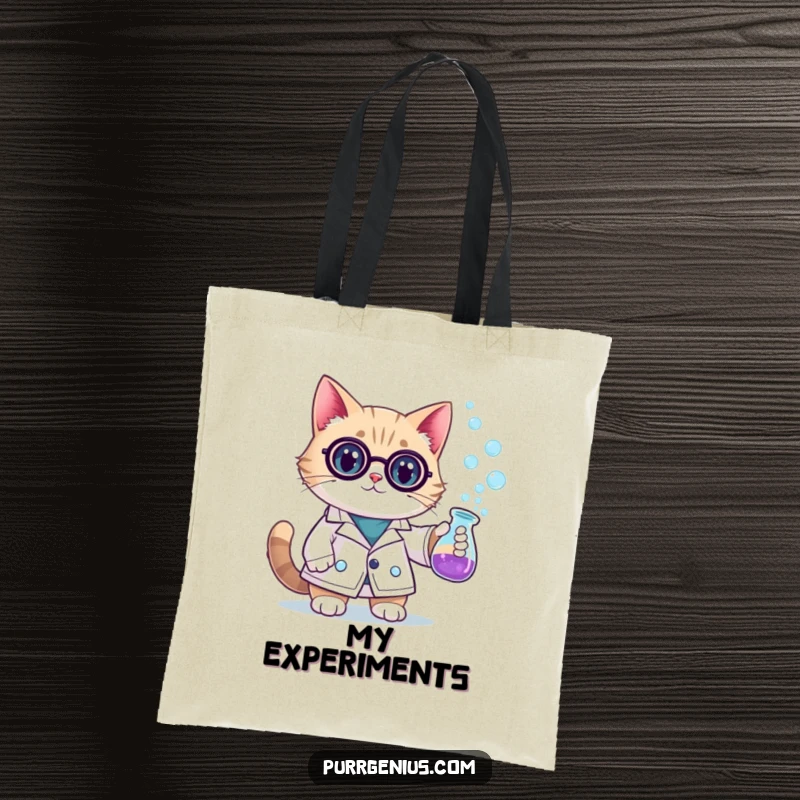Funny scientist cat in a lab coat, holding a bubbling beaker, ready for research. This tote bag is a stylish and humorous accessory.