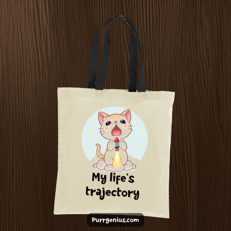 Funny tote bag with a cat looking surprised as a tiny rocket launches, showcasing a humorous take on sudden events and pet ownership.