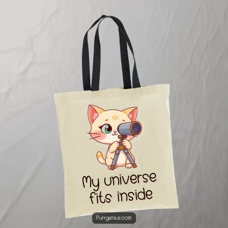 Funny tote bag with a curious cat character peering through a telescope, ready for exciting discoveries.