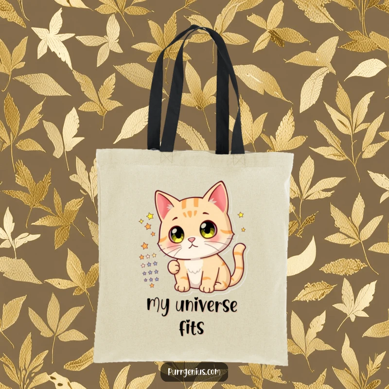 Funny tote bag decorated with a cute cat with exceptionally wide, curious eyes, studying a star chart, perfect for space enthusiasts.
