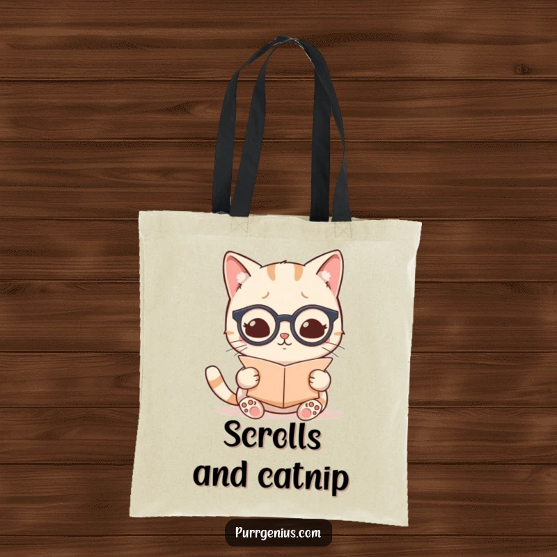 Funny kawaii cat wearing tiny spectacles and reading a scroll, designed on a functional and humorous tote bag.